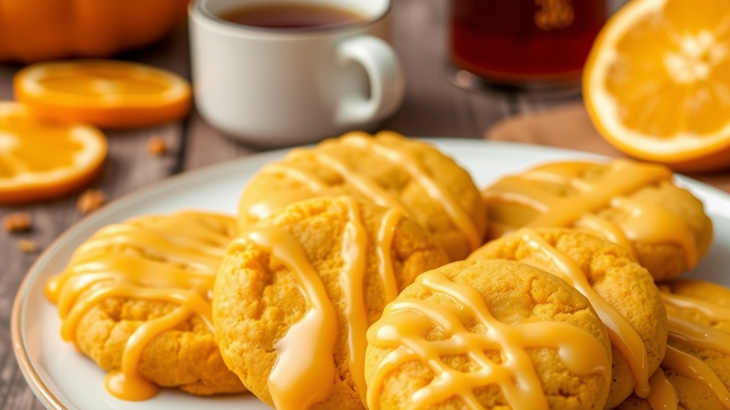 Soft Pumpkin Cookies with Zesty Citrus Glaze Soft pumpkin cookies with citrus glaze on a plate, surrounded by orange slices and a cup of tea.